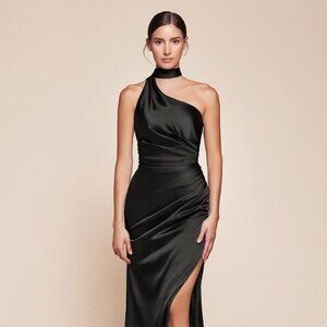 NEW FORMAL SHEATH SATIN DRESS W/ WRAP HALTER NECK LEG SLIT & ZIPPER BACK CD 7454